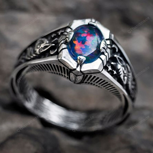Rings Carved With Star and Cat Patterns and Blue Gems, Unisex Ring, Gothic Rings, Gifts For Him, Gifts For Dad