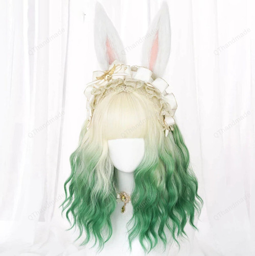 Medium Length Curly Synthetic Hair Lolita Style/Beige Gradient Pink/Green Cosplay Wig with Bangs for Women/Lolita Costume spring clothing