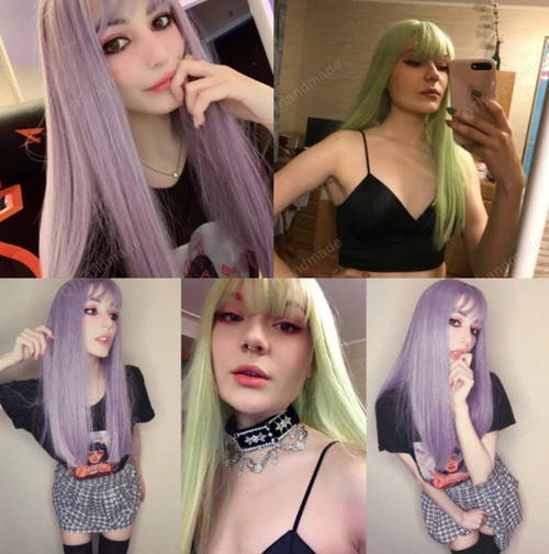24" Synthetic High Temperature Fiber Long Straight Wigs/Purple Gray Green Cosplay With Bangs Natural Hairpieces/Costume spring clothing