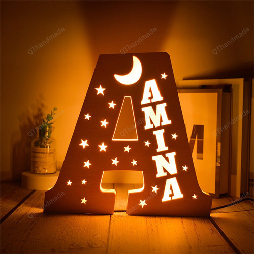 Custom Name Wall Decor LED Night Light/ 24 Letter With Stars Moon Bedroom Decor/ Personalized Wooden Lamp /Kids Gifts