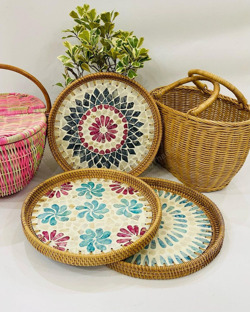 NEW ARRIVAL Mosaic Basket Tray, Mosaic Rattan Tray, Baskets Decor, Woven Wall Hanging, Bohemian Rattan Tray, Gifts For Her, Gifts For Mom