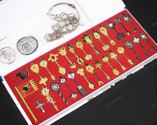 28pcs Anime Fairy Tail Cosplay Lucy Heart Celestial Spirit Gate Keychain Necklace, Pendant Metal Keys Accessories, Otaku Gift