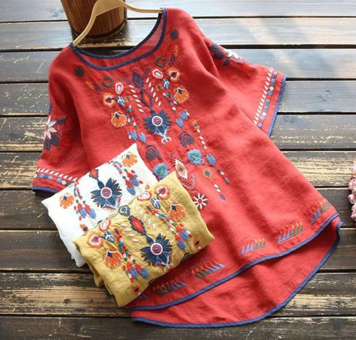 Embroidery Cotton Women Shirt Summer Spring Blouse Tops Clothes for Women Clothing/Boho Retro Clothing/Summer Beach Clothing/Linen Clothing