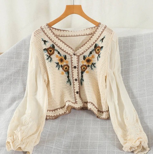 Floral Embroidery Boho Shirts Blouse Crop Top Cotton Line Shirt Women Long Sleeve Blusa Cropped/Y2K Summer Camisole/Beach Clothing