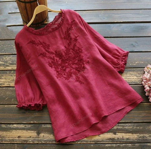 Embroidery Blouse Women Plus Size Loose Summer Tops Short Sleeve Solid Color O Neck Bottoming Cotton Tees Clothes/Summer Beach Clothing