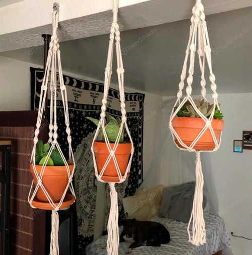 Macrame Handmade Plant Hanger Baskets Flower Pots Holder Balcony Hanging Decoration Knotted Lifting Rope Home Garden