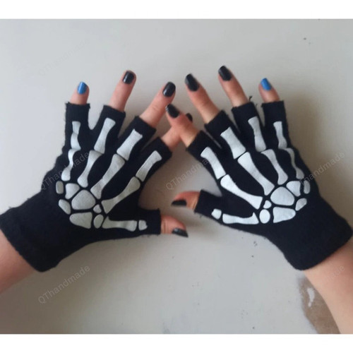 New Punk Gloves Unisex Halloween Skeleton Skull Half Finger Gloves, Glow In The Dark Fingerless Stretch Knitted Winter Mittens, Skull Gloves