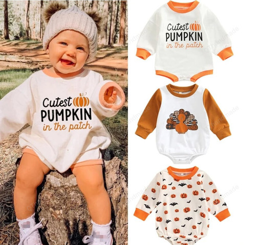 0-24M Halloween Lovely Baby Girls Boys Sweatshirt Jumpsuit Letter pumpkin Printed Long Sleeve Romper Outwear/Baby Girl/Party Dress