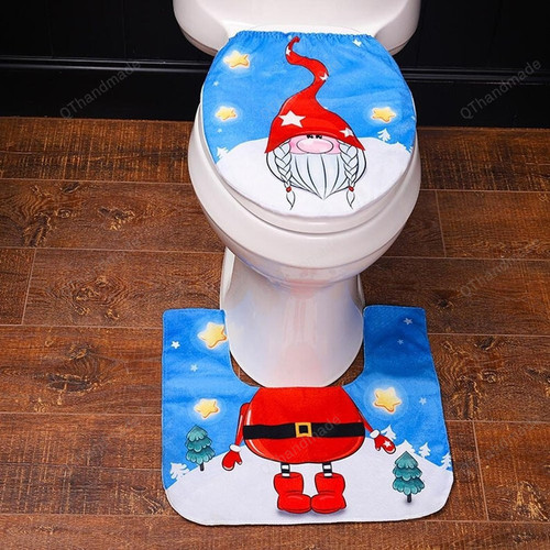 2Pcs/Set Christmas Santa Claus Toilet Seat Mat Cover, Xmas Floor Mat Water Tank Cover for Bathroom, Christmas Bathroom Decoration