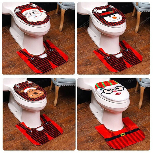 2pcs Christmas Santa Claus Elk Snowman Toilet Seat Cover, Xmas Floor Mat Water Tank Cover for Bathroom, Christmas Bathroom Decoration