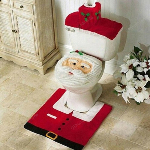 3Pcs Cute Christmas Toilet Seat Cover, Santa Claus Bathroom Mat Xmas Supplies for Home New Year Decor, Christmas Bathroom Decoration