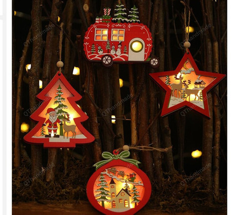 Christmas Tree Hanging Pendant Star Car Heart Wooden Led Light Ornaments, Xmas Tree Hanging Ornaments, Christmas New Year Decor, Xmas Gift