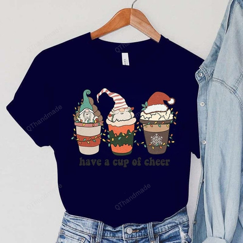 Have A Cup Of Cheer Lovely Dwarf Print T-Shirt, Women Santa Claus Hat Pattern Graphic Shirt, Christmas Holiday Tee, Xmas Gift,