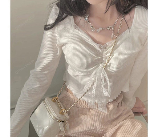Autumn White Sweet Kawaii Lace Bow Long Sleeve Tops, Women Knitted Casual Lace Crop Top, Kawaii Lace Pink Sweet Party Blouse, Gift For Her