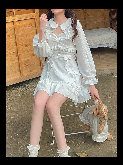 Women Bow Cute Kawaii Party Mini Dress, Japanese Casual Lace Spaghetti Strap Dress, Lace Princess Party Mini Dress, Gift For Her Price:US$33.14 Original Price:US$38.99 (15% Off)