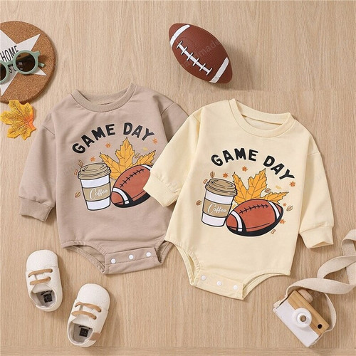 Infant Baby Game Day Rugby Letter Long Sleeve Rompers, Newborn Boys Girls Casual Sweatshirt Jumpsuit, Christmas Kids Clothing, Newborn Gift