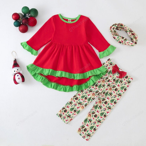 Christmas Girl Long Sleeve Ruffle Shirt Santa Bow Trousers + Scarf Set, Christmas Kids Clothing, Xmas Gift, Kid Girl Pants Suit Set