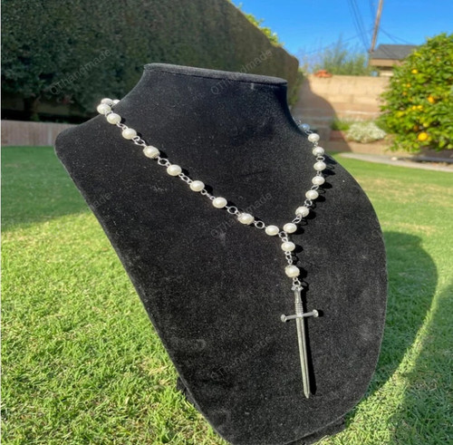 Gothic Sword Pearl Rosary Necklace With a Cross Sword Charm Fairy Core Witch Jewelry/Regency Cosplay Jewelry/Choker Collar Y2K