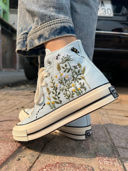 Embroidered Flower Bee Butterfly converse/Converse High Tops Garden Of Chrysanthemums, Dandelions, Butterflies and Ladybugs/Embroidered Sneakers/Gifts For Her