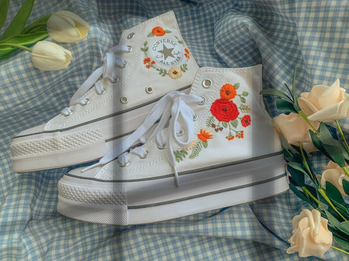 Embroidered Colorful Flower converse/ Custom Converse Platform /Converse Custom Flower Embroidery / Wedding Converse Shoes/ Custom Converse/ Embroidery Logo