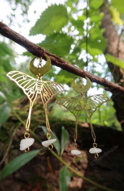Hypoallergenic Luna Moth & Moon Peridot/Moonstone Crystal Statement Earrings/Celestial Metaphysical Jewelry/Waterfall Boho Witchy statement earrings/Boho Bohemian Drops Jewelry