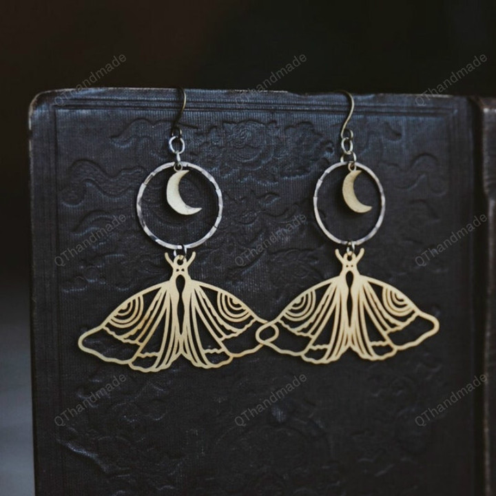 Night fauna/ Boho moon and moth cutout mixed metal earrings/Celestial Metaphysical Jewelry/Waterfall Boho Witchy statement earrings/Boho Bohemian Drops Jewelry