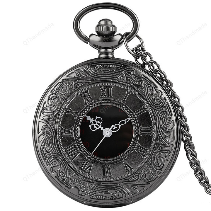 Black Roman Numerals Quartz Pocket Watch Men Women Black Hollow Case Steampunk Vintage Pendant Necklace Best Gifts for Men Women