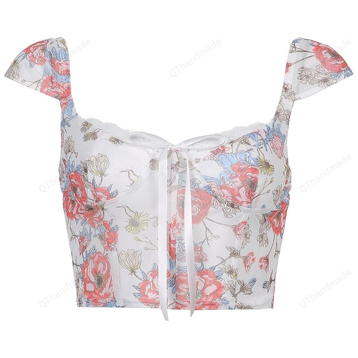Floral Crop Top Women Ruched Straps Sexy Corset Vintage Sweet Print Tops Summer Backless Bustier Corsets To Wear Out/Vintage Y2K Corset Tops