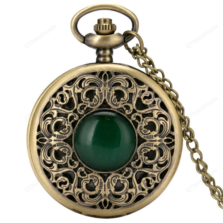 Exquisite Emerald-green Stone Bronze Case Quartz Pocket Watch Simple White Dial Chain Clock Necklace Pendant Watch for Men Women