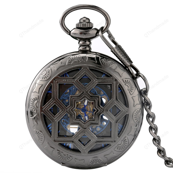 Multilateral Retro Blue Skeleton Dial FOB Chain Rhombus Hollow Flowers Case Hand Winding Mechanical Pocket Watches Luxury/Bronze Necklace Pendant Handmade Clock/boyfriend gift ideas/Valentine gifts