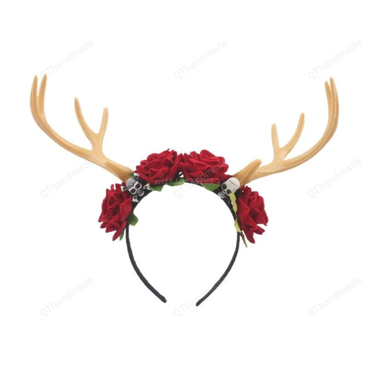 Deer Horn Flower Skull Headband Cosplay/Cat Ear Hair Hoop Headdress Fairy Costume Headpiece/Festival Party Props/Christmas Costume