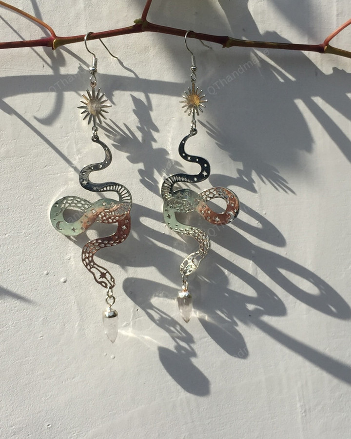 Moon Snake Earrings/Serpentine Earrings/Gold Statement Earrings/Snake Jewelry/Drop Earrings/Wicthy Witch Wicca Earring/Christmas Earrings