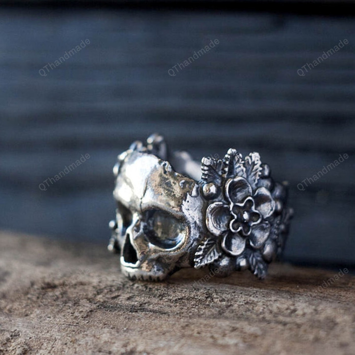 Gothic Mexican Flower Sugar Skull Rings/Punk Flowers Ring/Jewelry Accesories/Skeleton Goth Ring/Head Halloween Accessories