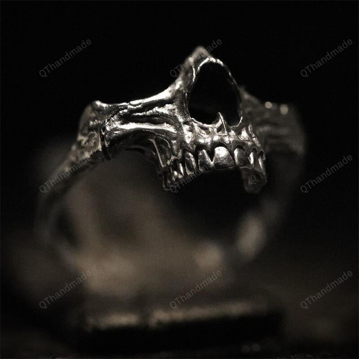 Calvarium Black Skull Teeth Ring, Gothic Stainless Steel Biker Motorbike Ring, Skeleton Goth Jewelry, Human Head, Christmas Gifts