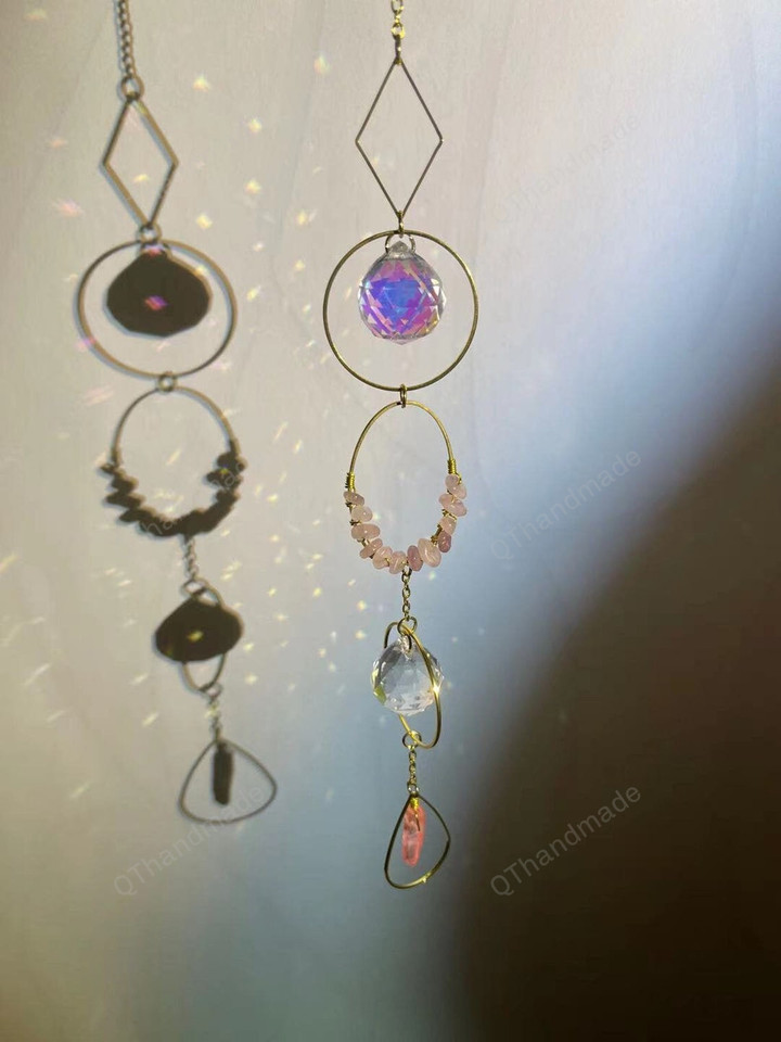 Hoop Rose Quartz crystal suncatcher/Hanging Prism/Rainbow Maker/lightcatcher/Car charm accessories/ornaments/negative energy removal