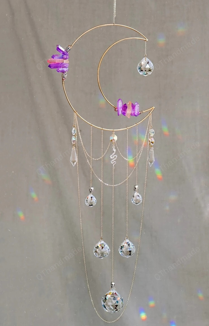 Goddess Quartz Amethyst Moon SunCatcher/Witchy Sun catcher/Boho Decor/Rainbow Maker/Hanging Crystal Prism/Crystal Suncatcher/Room Decor