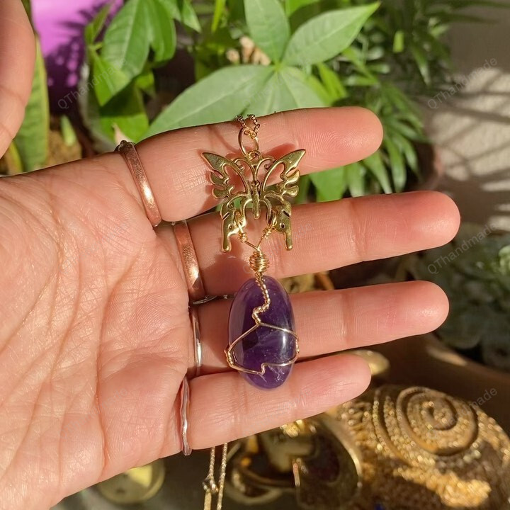 Golden Butterfly and Amythest Necklace/Wrapped Amethyst Necklace/Gift for Him/Best Friend Gift/Witchy Earrings/Wicca Gifts/Mother's Day Gifts