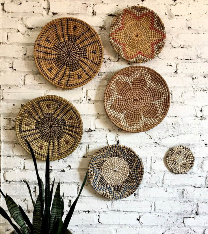 Set of 6 Boho Wall Decor, Boho Wall Art,Wicker Wall Tray,Hanger Wall Plate, Africa Baskets,Handwoven Rattan and Seagrass Baskets and Trivets