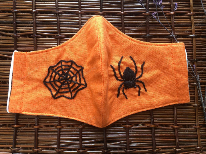 Spider and Spider web Face Mask,Halloween Linen Face Mask,Embroidery Face Mask,filter face mask,Spooky Ghost,Bat,Black Cat,Witchy Mask