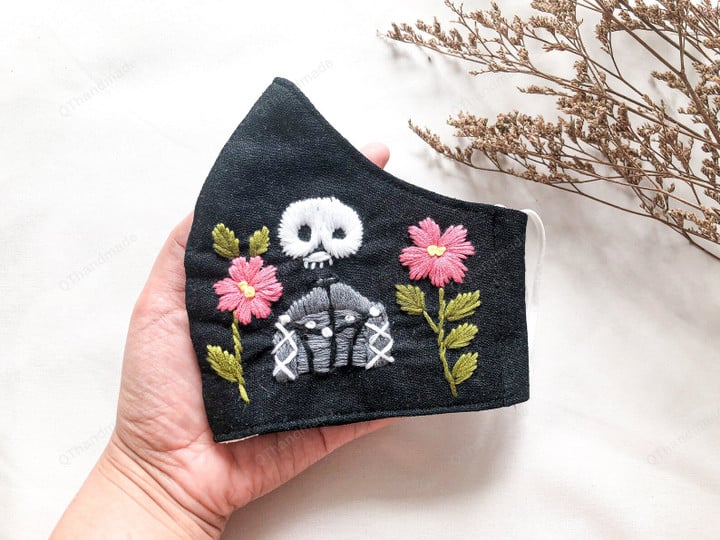 Halloween skeleton with flower Face Mask,Linen Face Mask,Hand Embroidery Face Mask,filter face mask,Spooky Ghost,Bat,Black Cat,Witchy Mask
