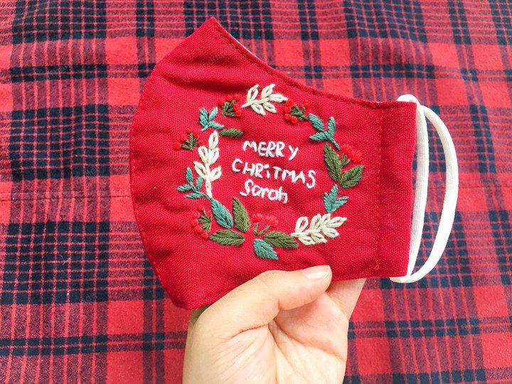 Merry Christmas Sarah Face Masks,Embroidered Linen Christmas Face Mask,Washable Adjustable,Xmas Embroidered Mask,Noel Mask,Christmas Gifts