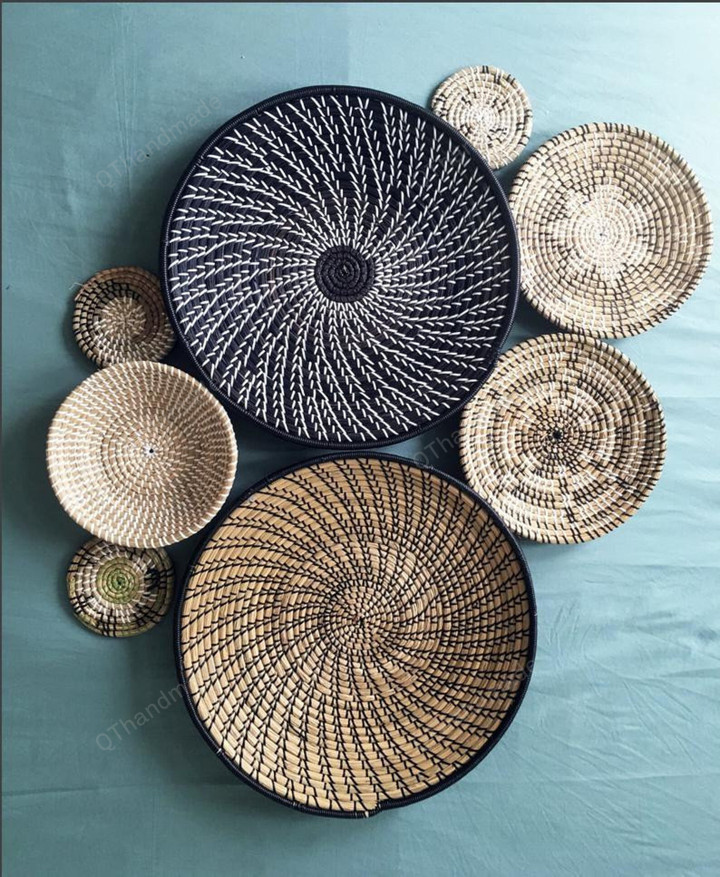 Set of 8 Boho Wall Basket Decor, Boho Wall Art,Seagrass Woven Wall Basket Plates, Handmade Decorative Bowl with Hook, Wicker Wall Tray