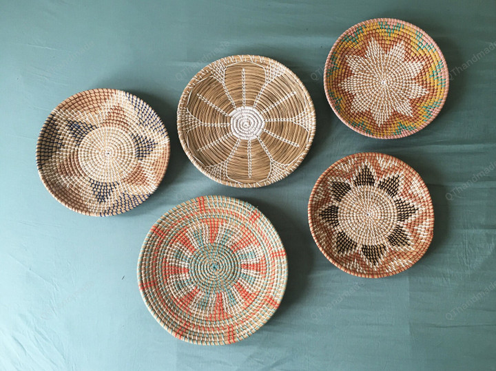 Set of 5 Big Boho Wall Basket Decor, Boho Wall Art,Seagrass Woven Wall Basket Plates, Handmade Decorative Bowl with Hook, Wicker Wall Tray