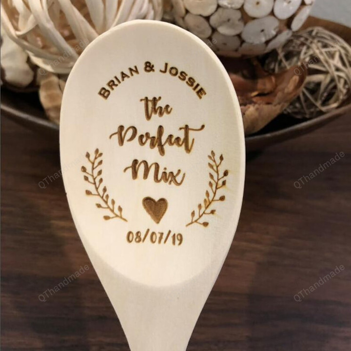 Personalized Wood Spoon, The Perfect Mix, Custom Bridal Shower Gift, Wedding Engagement Party Event Supplies With Name