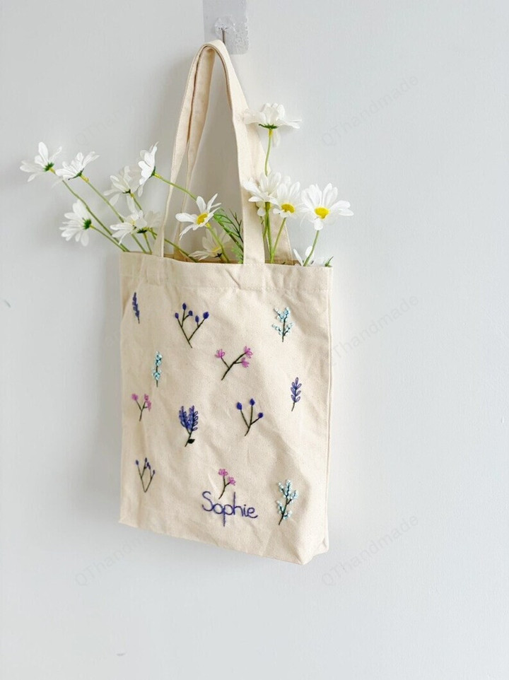 Personalized Flower Tote Bag, Embroidery Tote Bag, Custom Embroidered Floral Canvas Tote, Personalized Bag, Gifts For Her, Gifts For Mom