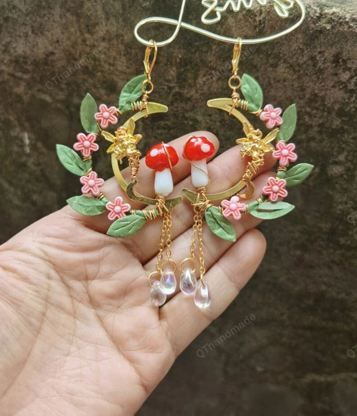 Red Mushroom Standing on Moon with Fairy Earrings Dangle Earrings/Forest Woodland Fairy/Gift for Her/Celestial Metaphysical Jewelry