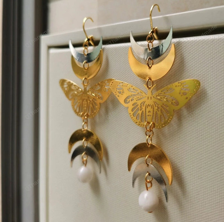 Gold Silver Moon Butterfly Earrings/Wanderlust Jewelry/Hypoallergenic Earrings Witchy Gypsy Earrings/Moon Wanderlust Jewelry/Gift for mom