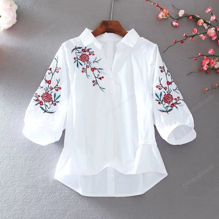 White Women Blouse Three Quarter Sleeve Cotton Embroidery Blouse Casual Button Turn Down Collar Shirt/Summer Beach Clothing/Linen Clothing