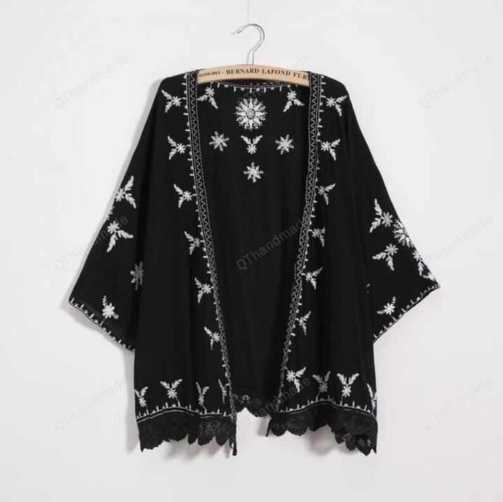 Boho Embroidery Kimono Cardigan/Summer Shawl Shirt Blouse Sunscreen Lace Loose Tops Outwear Blusas Feminina/Summer beach clothing dress