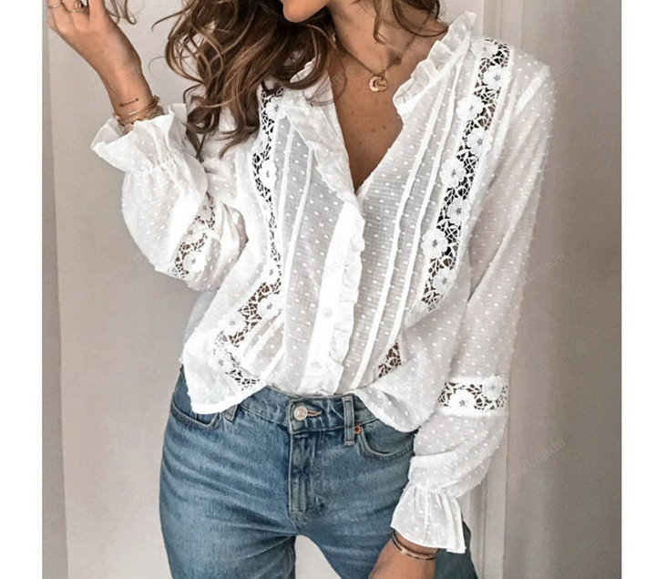 White Women Blouse Casual Ruffles Shirt V Neck Flare Long Sleeve Hollow Out Tops Office Lady Loose Blouses/Summer beach clothing